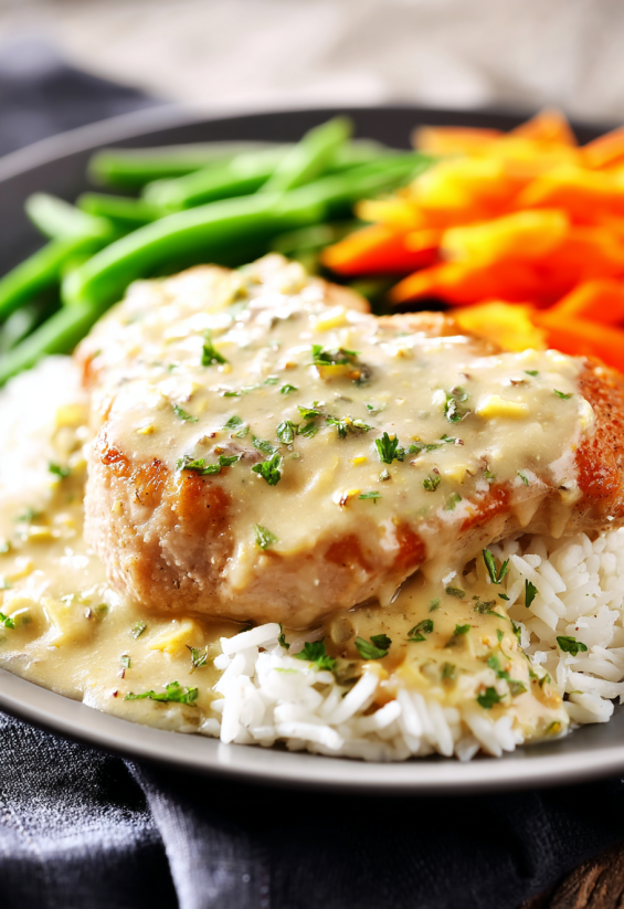 A plate of pork chops with a creamy sauce.