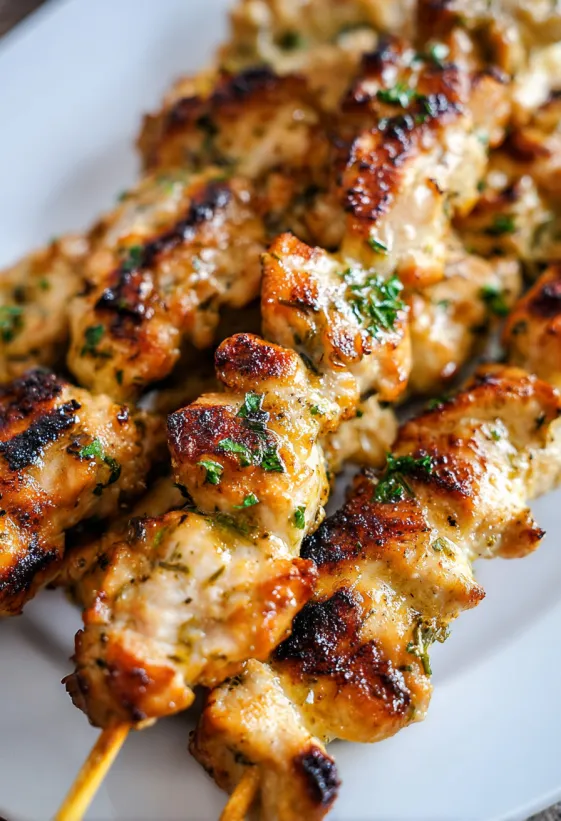 Garlic Parmesan Chicken Kebabs on a white plate.