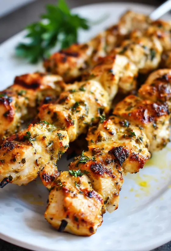 Garlic Parmesan Chicken Kebabs on a white plate.