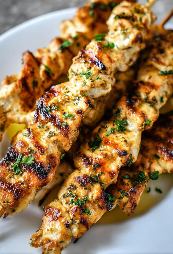 A plate of chicken skewers with herbs and spices.