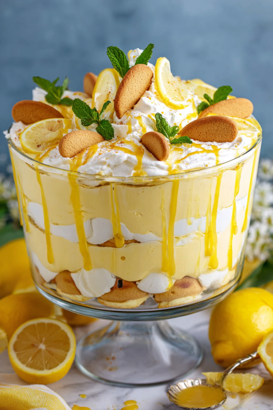 A lemon pudding trifle with a yellow sauce.