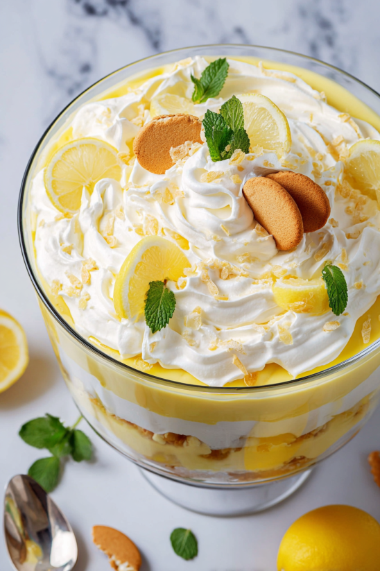 A glass bowl filled with lemon yogurt and topped with lemon wedges.