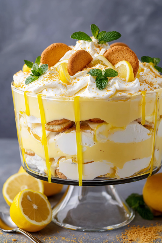 A cake with lemon and cookie toppings.