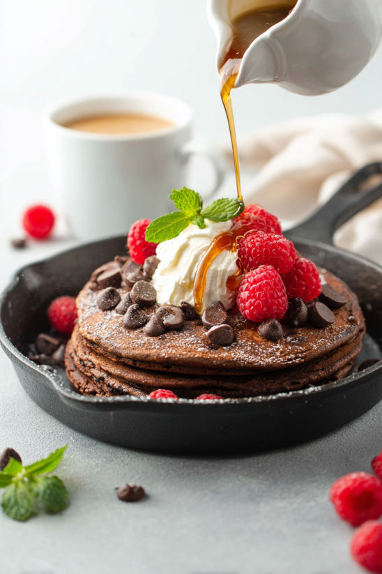 A stack of low carb chocolate chip pancakes with whipped cream and raspberries on top.