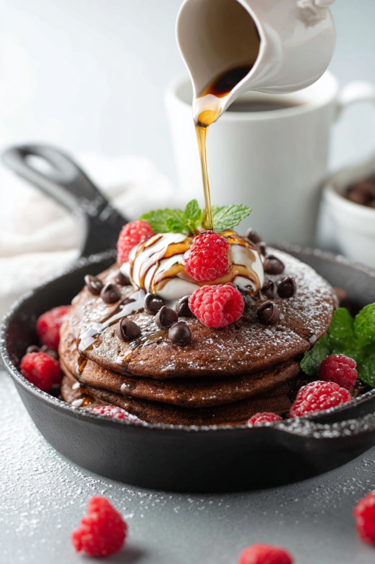 A stack of pancakes with chocolate chips and raspberries.
