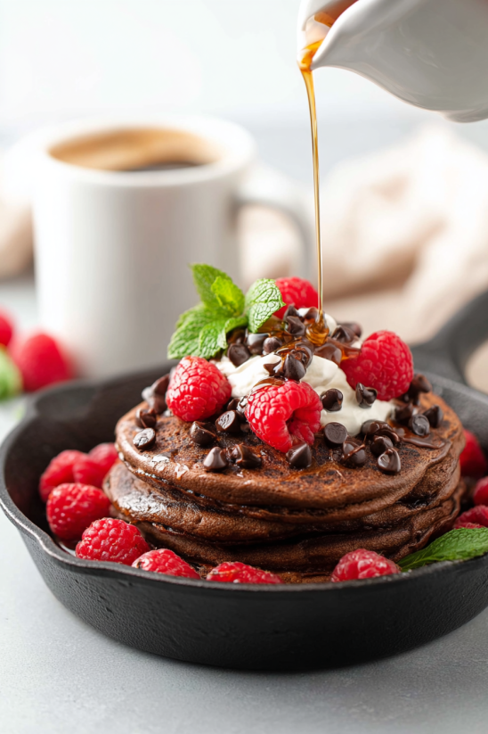 A stack of pancakes with chocolate chips and raspberries.