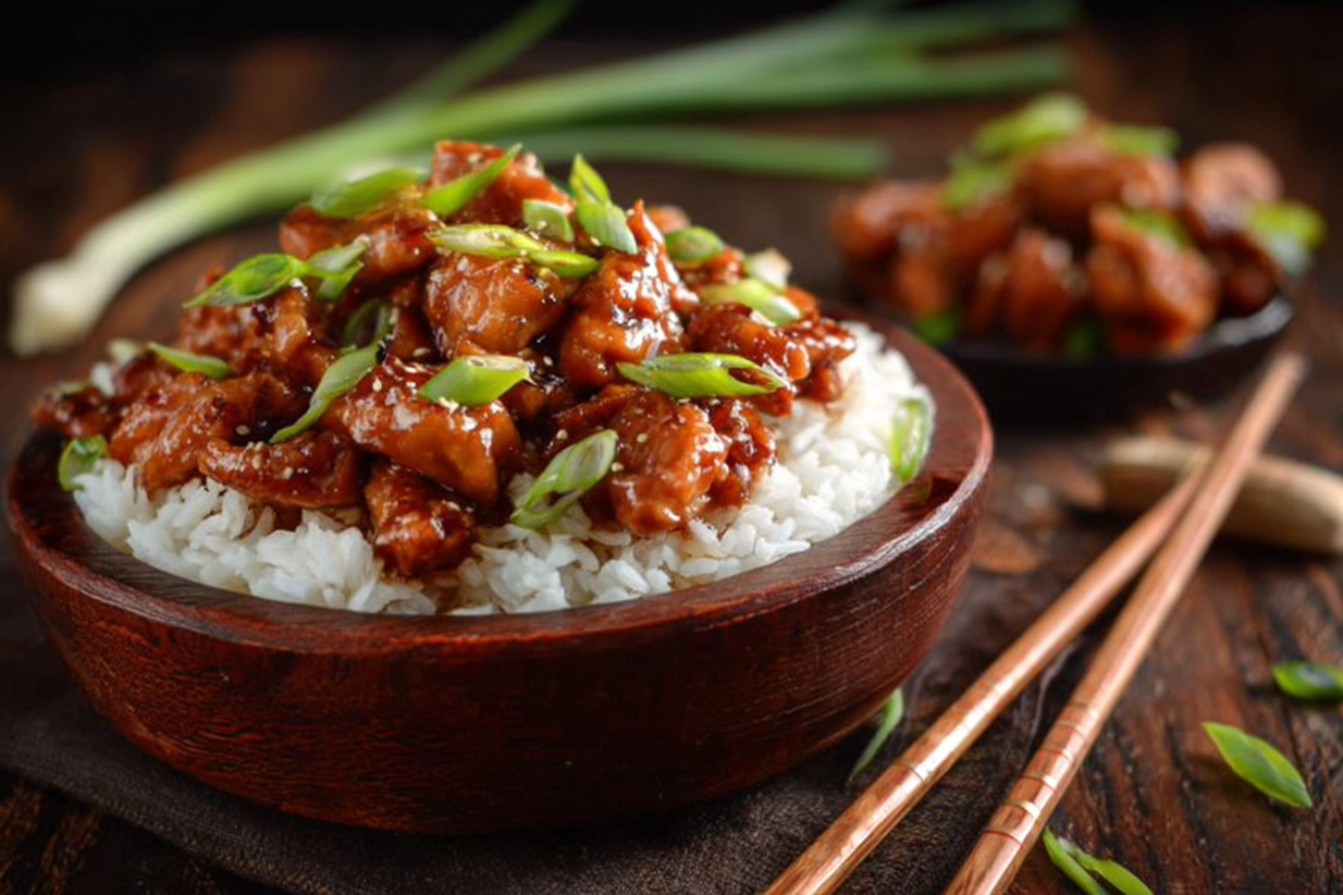 A bowl of rice with meat on top.