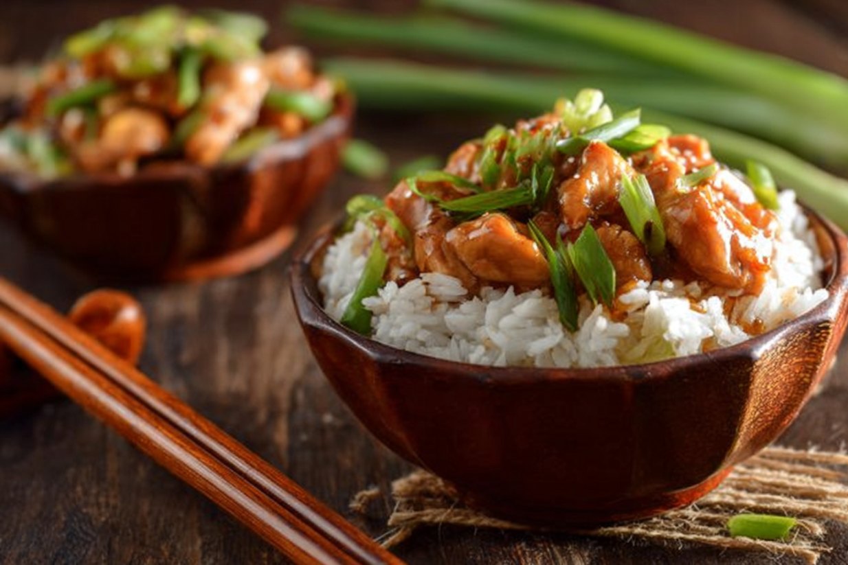 A bowl of rice with chicken and vegetables.