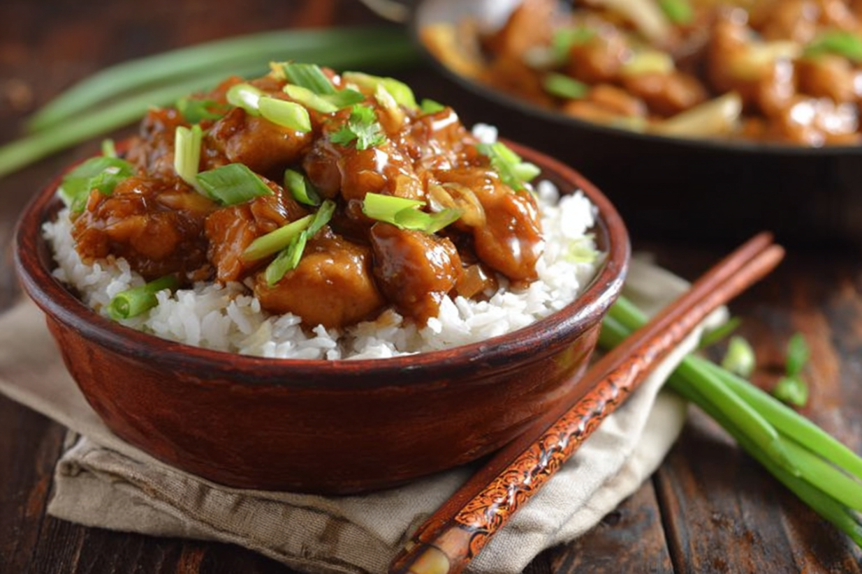 A bowl of rice with chicken and vegetables.