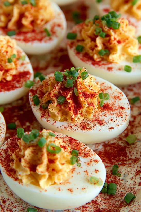 Deviled eggs with a parmesan crisp.