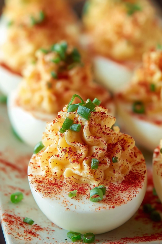 A close up of a deviled egg with a spoonful of mayonnaise.