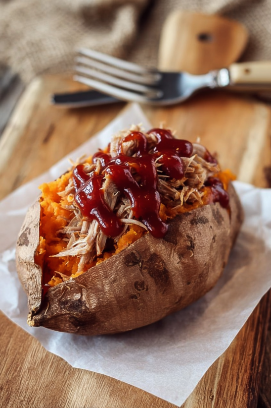 A potato with meat and ketchup on it.