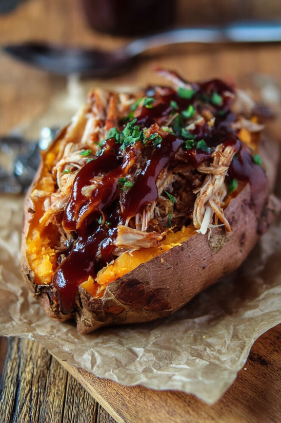 A potato with BBQ sauce on it.
