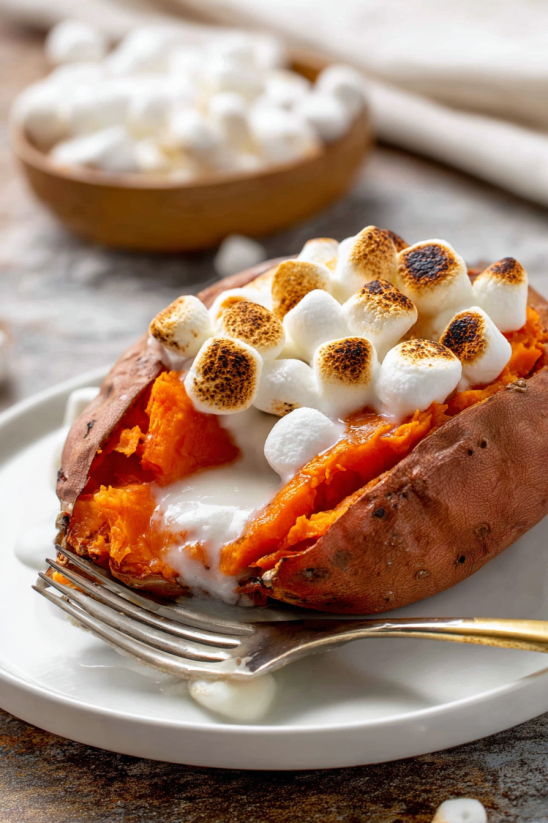 A loaded sweet potato with marshmallows.