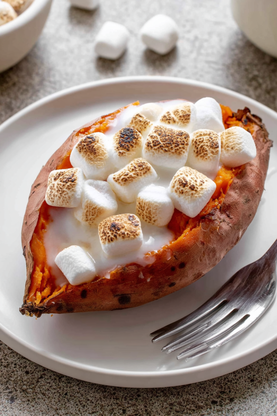 A plate of food with marshmallows on top.