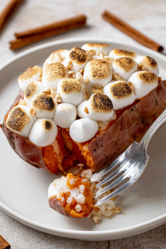 A fork is stuck in a baked potato with marshmallows on top.