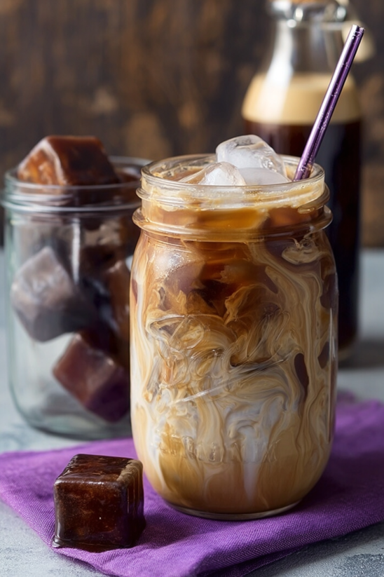 A glass of vanilla cinnamon iced coffee.