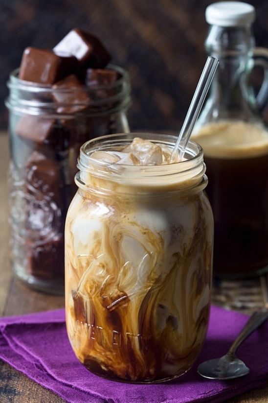 A glass of milk with a straw in it.