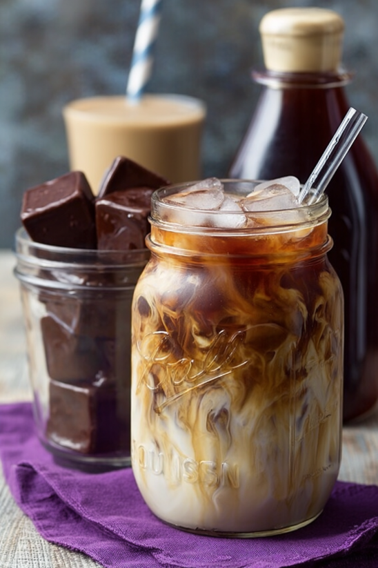 A glass of iced coffee with a chocolate bar next to it.