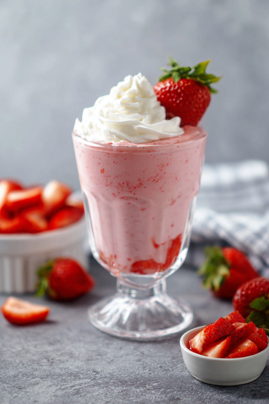 A glass of strawberry milk with whipped cream.