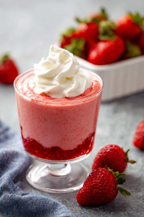 A glass of strawberry whipped cream.