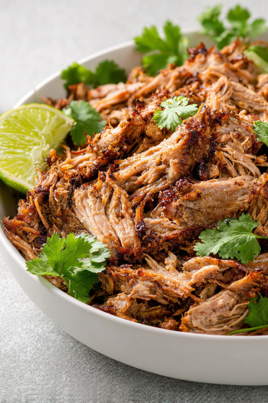 A bowl of shredded meat with lime wedges on top.