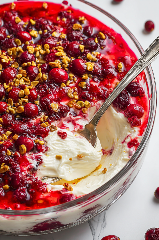 A spoonful of red berries and cream.