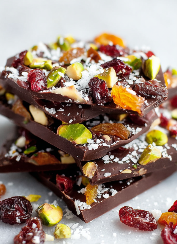 A stack of dark chocolate bark with nuts and fruit.