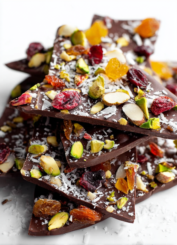 A stack of chocolate bars with nuts and fruit.