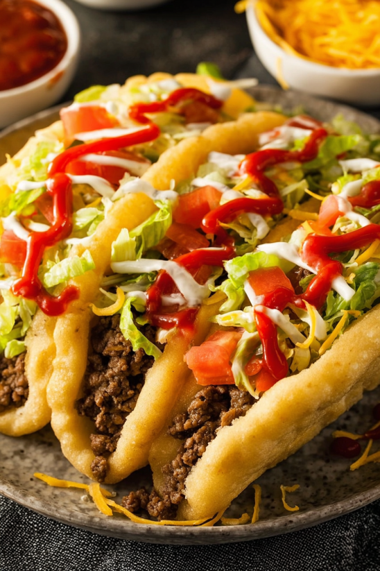 A taco bell chalupa with lettuce and tomatoes.