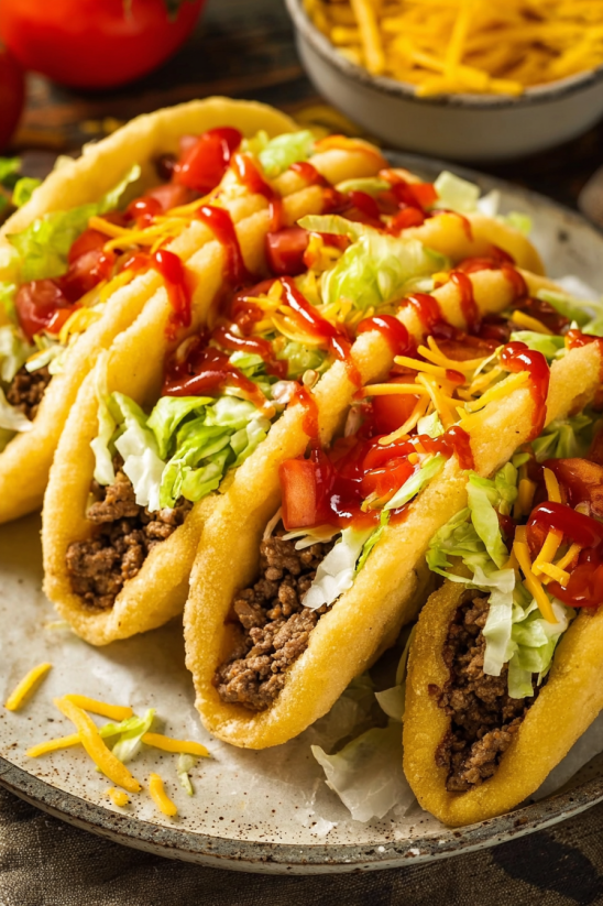 Two tacos with lettuce and tomatoes.