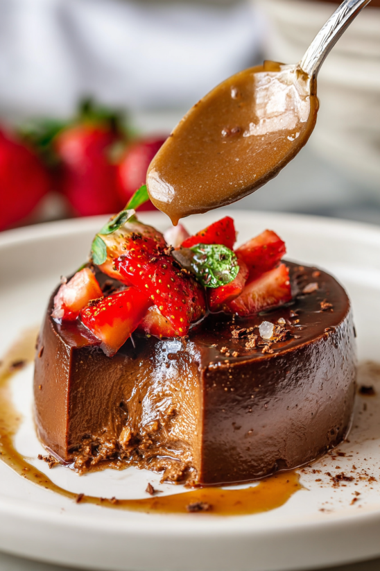 A chocolate flan with strawberries on top.