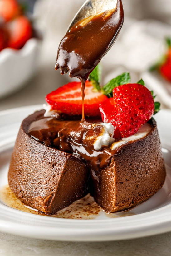 A chocolate dessert with strawberries and whipped cream.