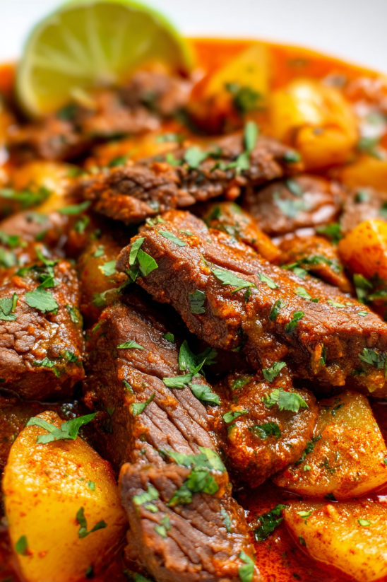 A close up of a delicious steak ranchero.