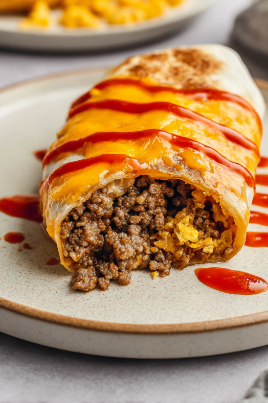 A plate with a burrito and ketchup.