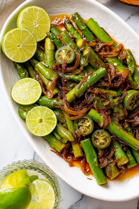 A plate of food with green beans and onions.