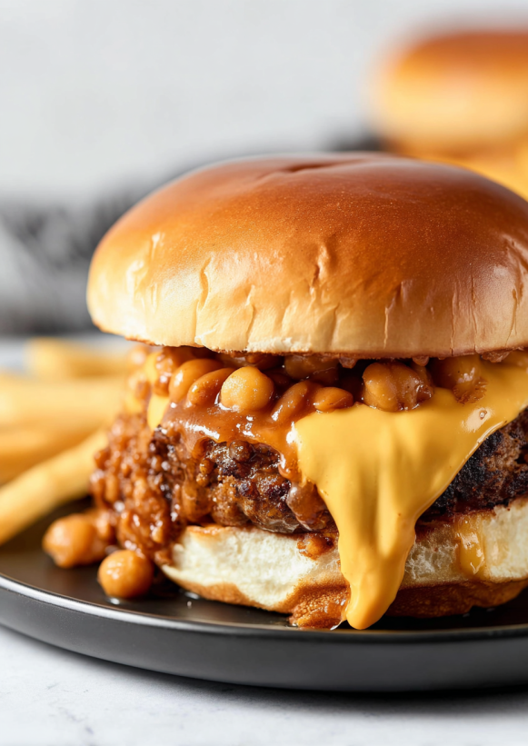 A chili cheeseburger with a bun and a side of fries.