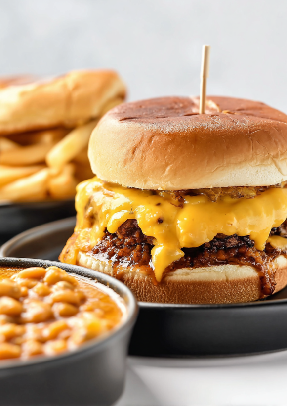 A burger with cheese and bacon.