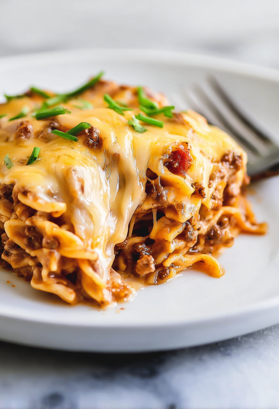 A plate of taco spaghetti with cheese and meat.