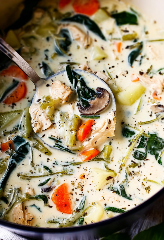 A spoon in a bowl of soup.