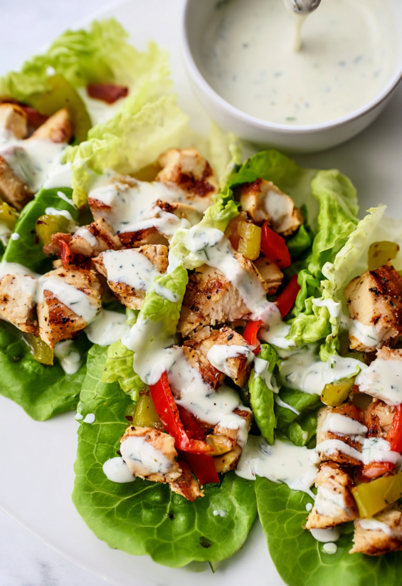 Chicken salad with lettuce and dressing.