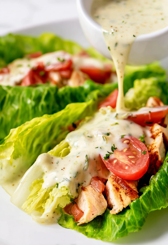 A salad with chicken and tomatoes.