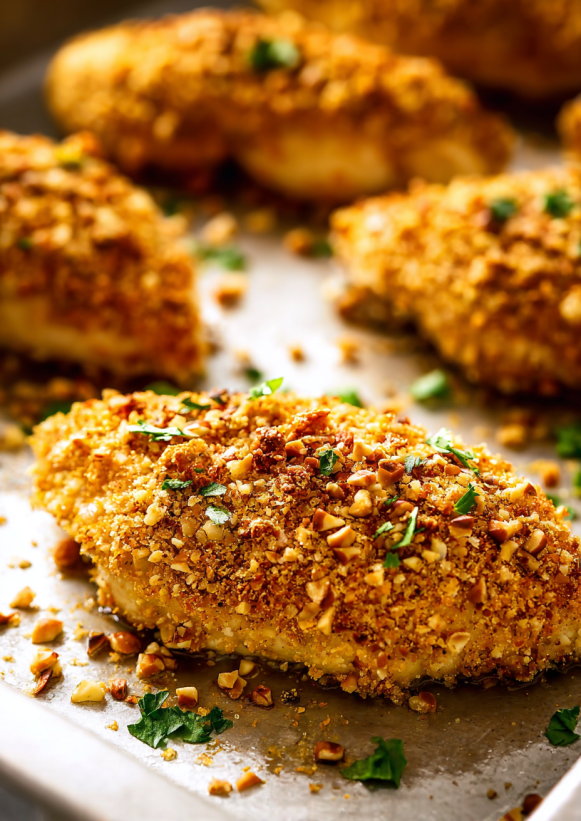 A plate of breaded chicken with nuts on top.
