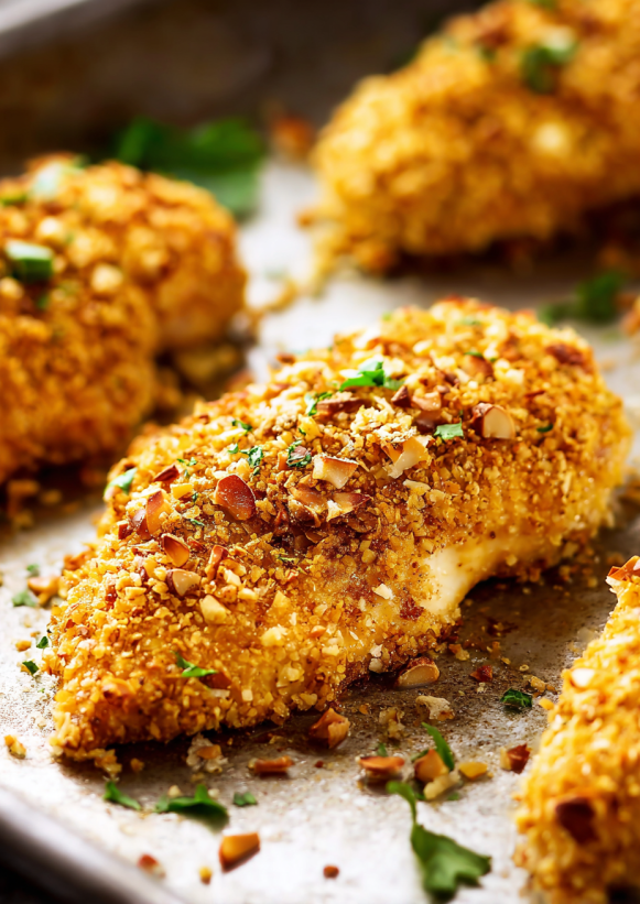 A plate of breaded chicken with nuts on top.