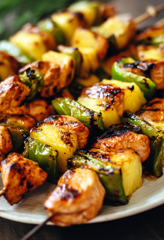 A plate of teriyaki chicken kebabs.
