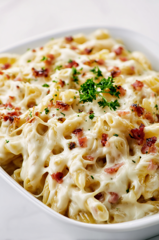 A bowl of chicken bacon ranch baked penne.