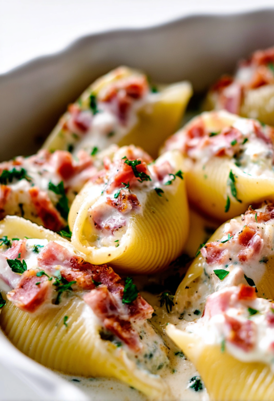 A plate of chicken cordon bleu stuffed shells.