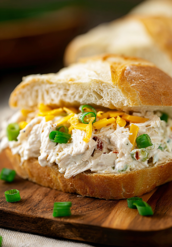 A piece of chicken stuffed French bread.