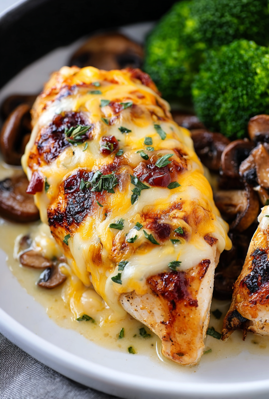 A plate of chicken with mushrooms and broccoli.