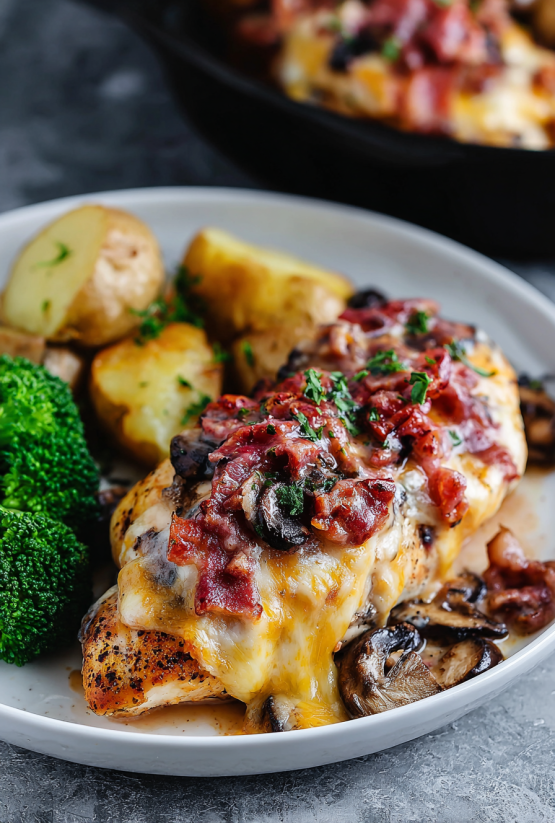 A plate of food with chicken, potatoes, broccoli, and mushrooms.